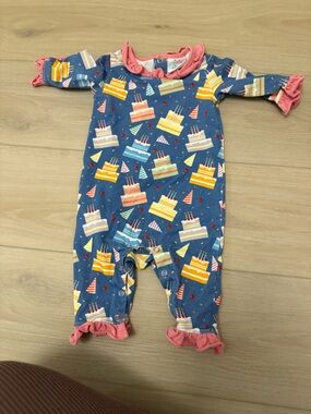 Kids Blue Birthday Cake Print Ruffled Romper